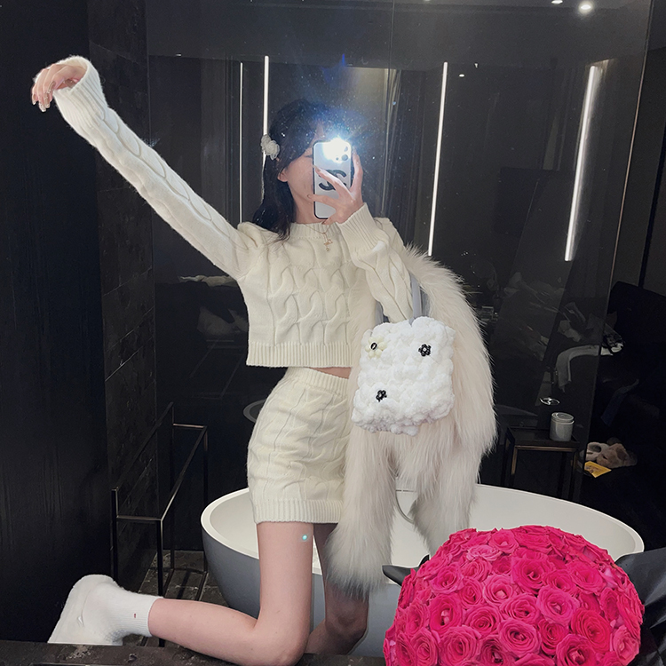 Two Piece Dress Casual Knitted Sweater Skirt Sets Autumn Elegant Oneck Long Sleeve Pullovers Crop Top Sweaters Slim Mini Skirts Suits 220906