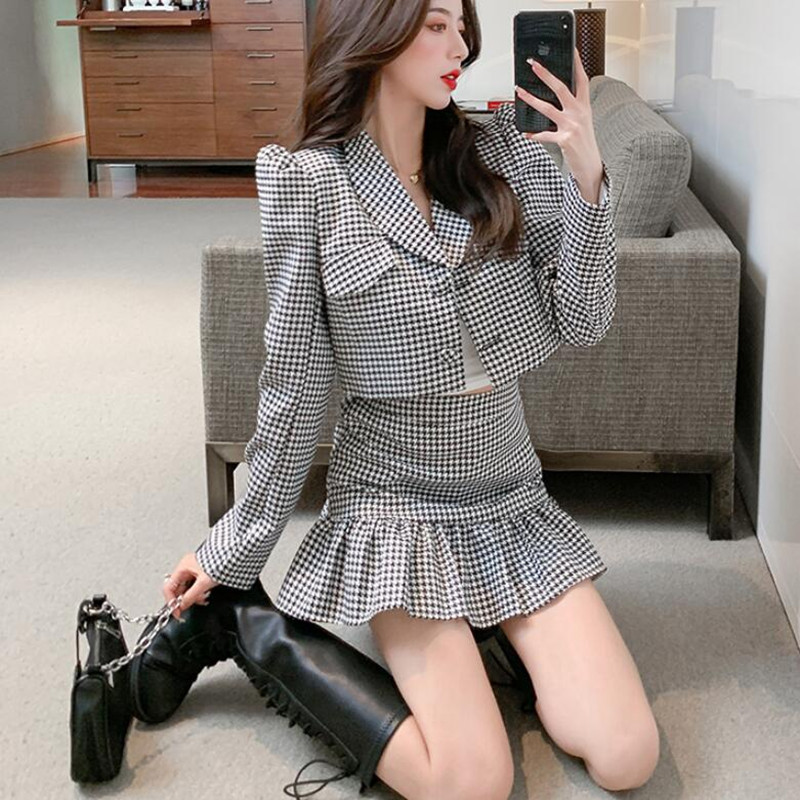 Two Piece Dress Vintage Houndstooth Womens Suit Blazer Crop Tops Mermaid High Waist Mini Skirt Set Women Short Jacket Coat Outfit 220906