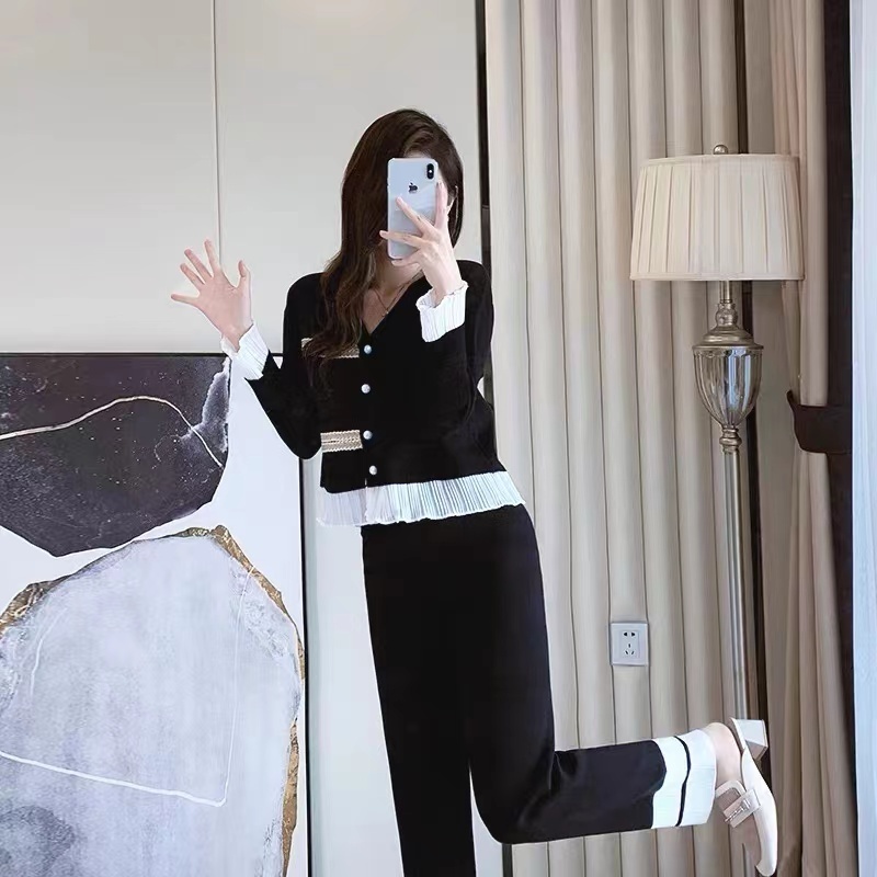 Womens Two Piece Pants Autumn Knitted Two Piece Sets Womens Outifits Casual Patchwork Cardigan Sweater Wide Leg Pants Tracksuit Suits Female 220906