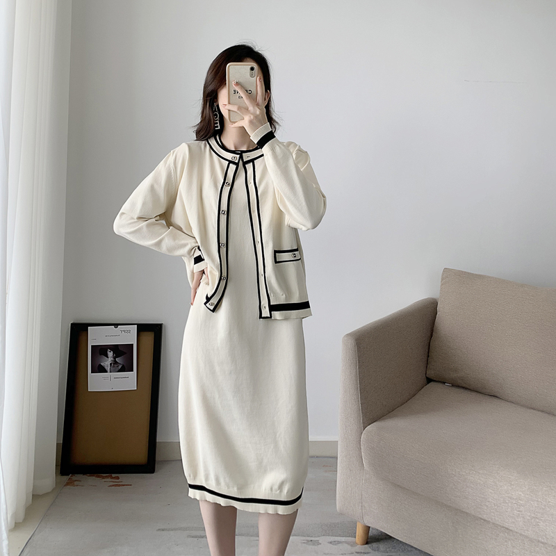 Two Piece Dress Vintage Knitted 2 Piece Sets Womens Outfits Elegant Long Sleeve Cardigan Short Sleeve Midi Dress Set Korean Fashion Suits 220906