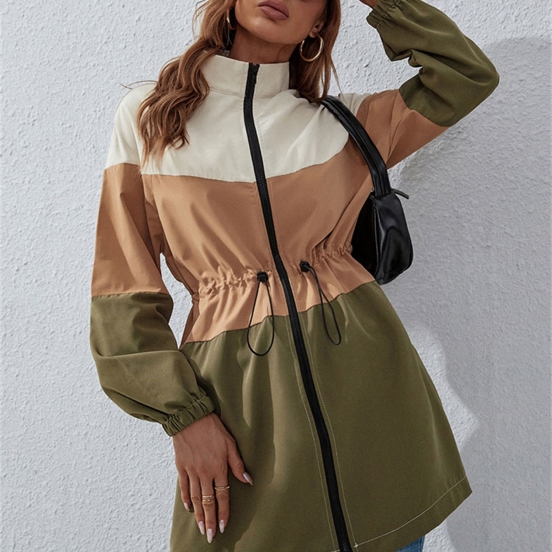 Women's Trench Coats BKMGC Spring Autumn Streetwear Green Brown Beige Wide Strips Zipper Hight Waist Long Coat Windbreaker Jacket for Women 2238 
