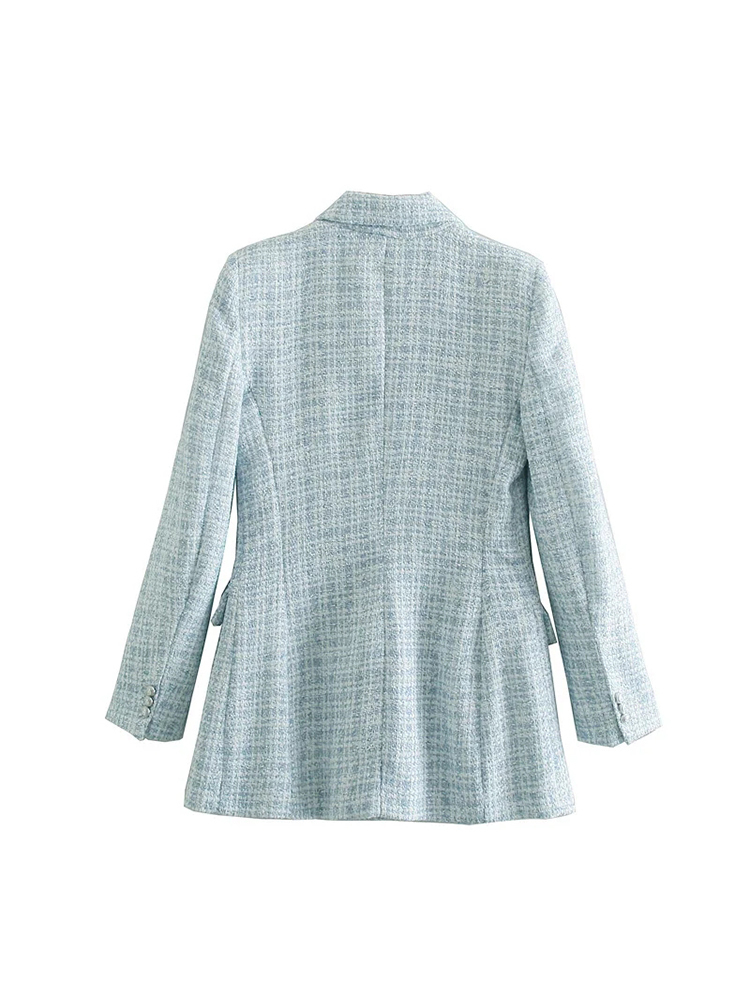 Women's Trench Coats Stylish Chic Blue Tweed Jacket Women Fashion Turn-down Collar Double Breasted Pockets Coat Female Casual Outerwear 220906