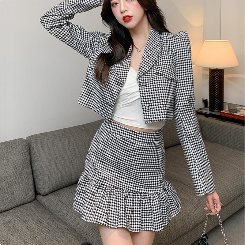 Two Piece Dress Vintage Houndstooth Womens Suit Blazer Crop Tops Mermaid High Waist Mini Skirt Set Women Short Jacket Coat Outfit 220906