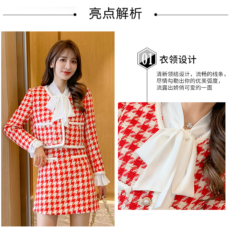 Two Piece Dress Vintage Houndstooth Woolen Two Piece Set Women Vneck Pearl Button Cropped Jacket Coat Aline Mini Skirt Sutis Female Outfit 220906