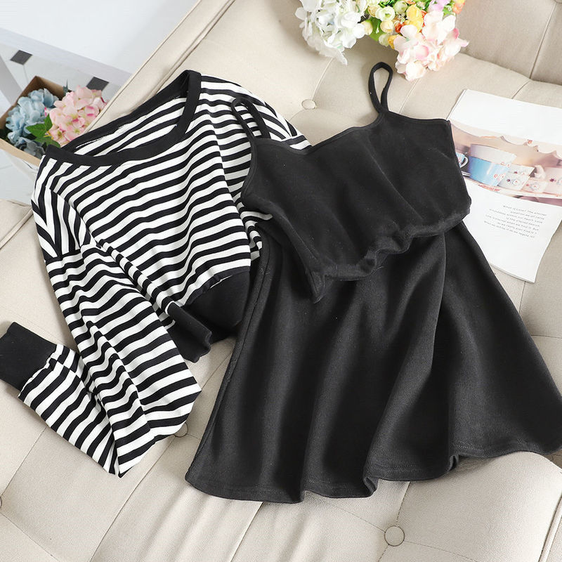 Two Piece Dress Women Sets Oneck Sweatshirt Pullover Striped Tank Dress Korean Style Trendy Casual Simple Street Wear High Quality Soft 220906
