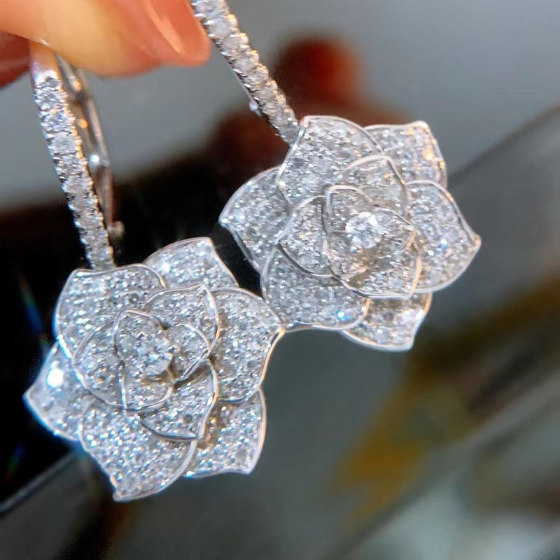 Luxury Cube Zircon Camellia Flower Dangle Earrings for Women Ladies Diamond Drop Earring Bride Wedding Jewelry Gift Top Quality