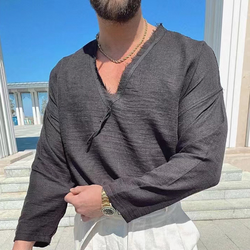 Men's T-Shirts Vintage Ripped Solid T-shirts Mens Spring Casual Loose Long Sleeve V-Neck Tee Shirt Fashion Men Clothes Tops Streetwear 220906