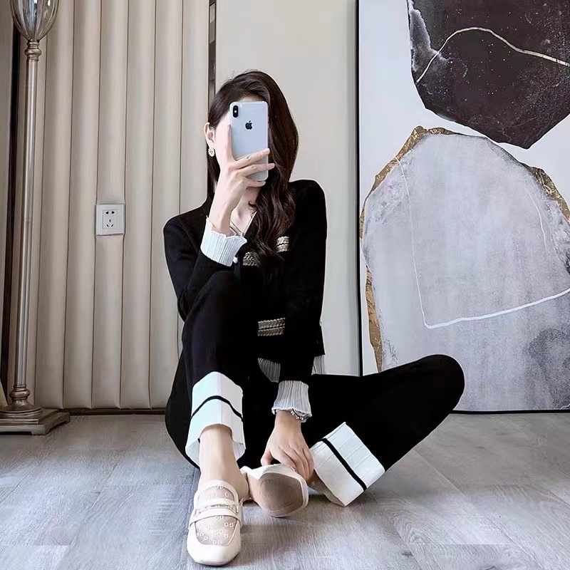 Womens Two Piece Pants Autumn Knitted Two Piece Sets Womens Outifits Casual Patchwork Cardigan Sweater Wide Leg Pants Tracksuit Suits Female 220906