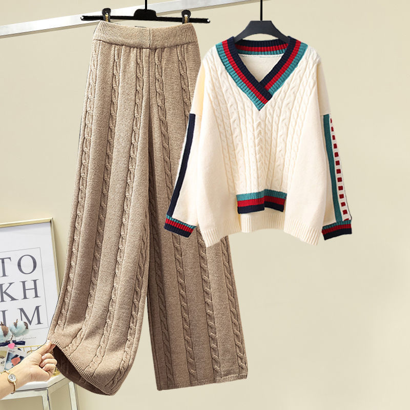 Womens Two Piece Pants Plus Size Tracksuit Women High Quality Winter Thickend Warm Vneck Pullover Sweater Wide Leg Knitted Suit 2 Set 220906