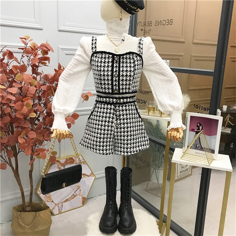 Womens Two Piece Pants Autumn Tweed Houndstooth 3 Piece Set WomenTurtleneck White BlouseVest Tweed Vest Mini Shorts Sets Korean Chic Vintage Suit 2209