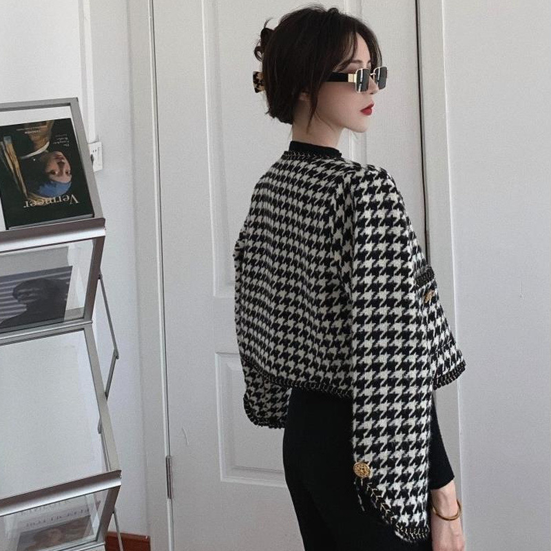 Womens Jackets Autumn Houndstooth Short Jackets Women Long Sleeve Elegant Patchwork Buttons Vintage Oneck Office Lady Fashion Coat Female 220906