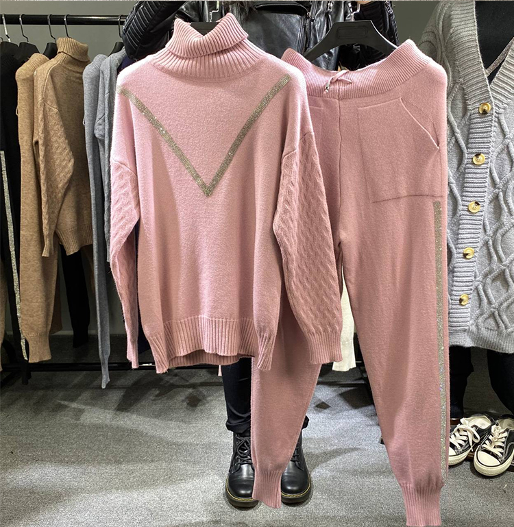 Womens Two Piece Pants Winter Thicken Warm Two Piece Set Turtleneck Sweater Knitting Elastic Waist Pants Tracksuit Women Outfits Bling Beading Suits 2
