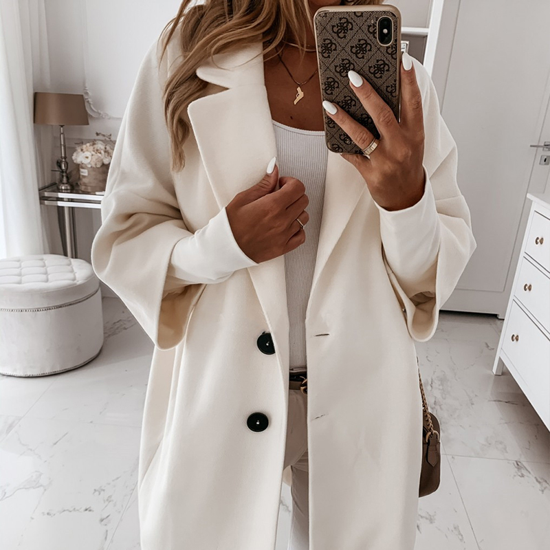 Women's Wool Blends Autumn Loose Woolen Blends Coats Winter Casual Three Quarter Sleeve Coat Women Single-Breasted Outwear Loose Long Overcoats 2