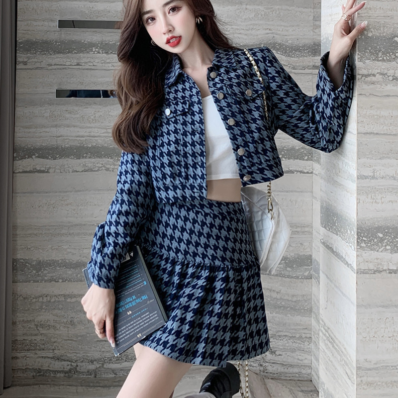 Two Piece Dress Small Fragrance Houndstooth Suit Women Crop Top Short Jacket Coat Mermaid Skirts Sets two piece outfit autumn French Style 220906