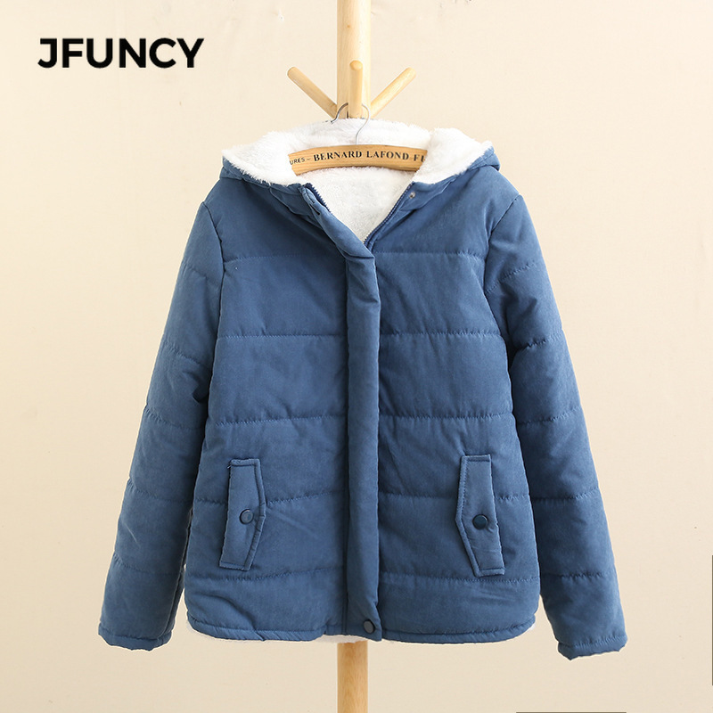 Women's Down Parkas JFUNCY Women Winter Fleece Parkas Coat Korean Casual Jackets Cotton Hooded Windproof Warm Pink Khaki Velvet Coat for Women 22