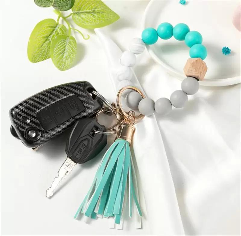 Wholesale Wooden Tassel Bead String Bracelet chain Food Grade Silicone Beads Bracelets Women Girl Key Ring Wrist Strap FY2981