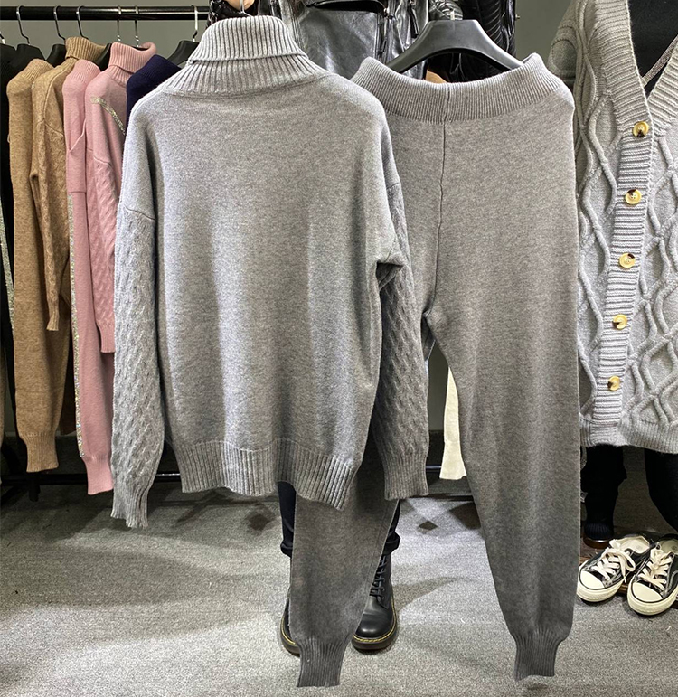 Womens Two Piece Pants Winter Thicken Warm Two Piece Set Turtleneck Sweater Knitting Elastic Waist Pants Tracksuit Women Outfits Bling Beading Suits 2