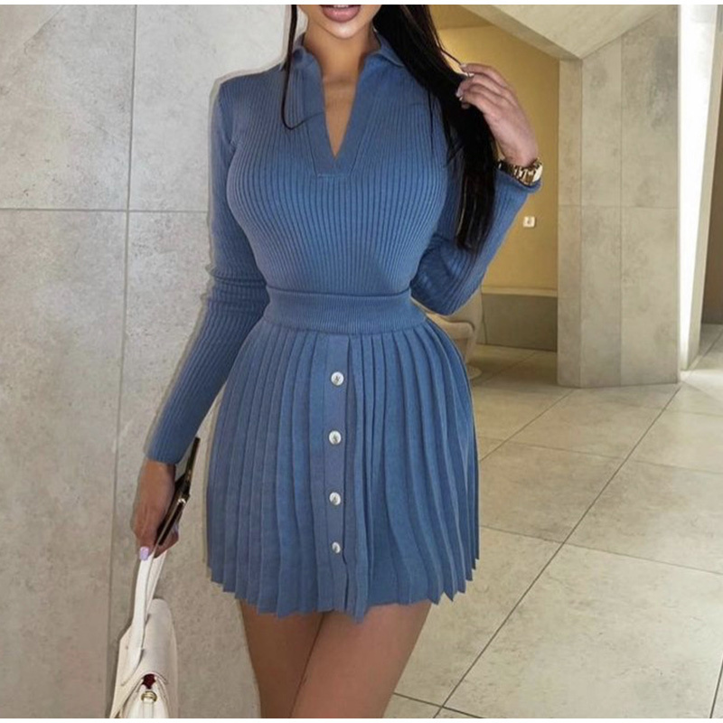 Two Piece Dress Women Knit Suit Mini Pleated Skirt Pullovers Set Spring Fashion Slim Knitwear Top And High Waist Skirt Buttons Suits Ladies 220906