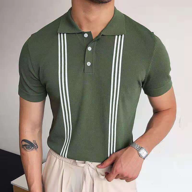 Men's Polos Vintage Polo Shirt Men Stripe Print Patchwork Knitting Casual Lapel Pullover Summer Fashion Men Short Sleeve Slim Polo Shirt 220906