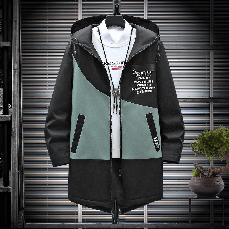 Men's Trench Coats Autumn/Winter Hip Hop Mens Patchwork Hooded Windbreaker Man Printed Casual Jacket Mid-length Trench Coat Male 3 Colors M-3XL 2