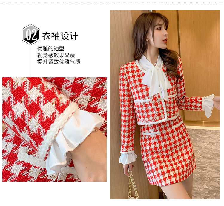 Two Piece Dress Vintage Houndstooth Woolen Two Piece Set Women Vneck Pearl Button Cropped Jacket Coat Aline Mini Skirt Sutis Female Outfit 220906
