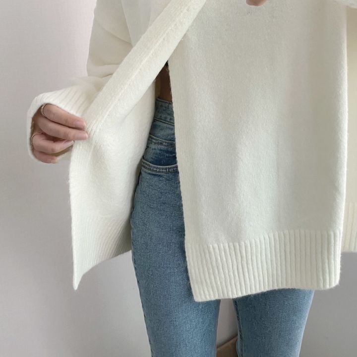 Womens Sweaters Autumn Winter Korean Turtleneck Split Sweater Women Knitted Casual Loose Pullover Jumpers Outwear Sweaters Warm Knitwear 220906