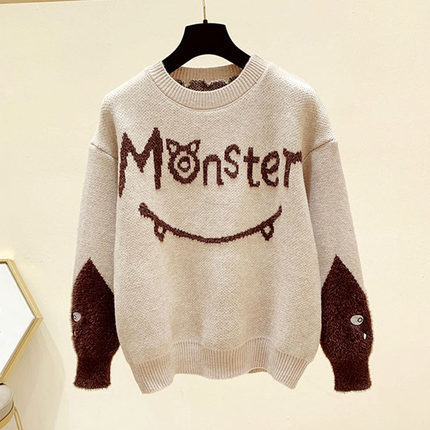 Womens Sweaters Cute Embroidery Sweater Women Fashion Monster Letter Printed OneckMink Patchwork Long Sleeve Pullovers Sweaters Tops Female 220906