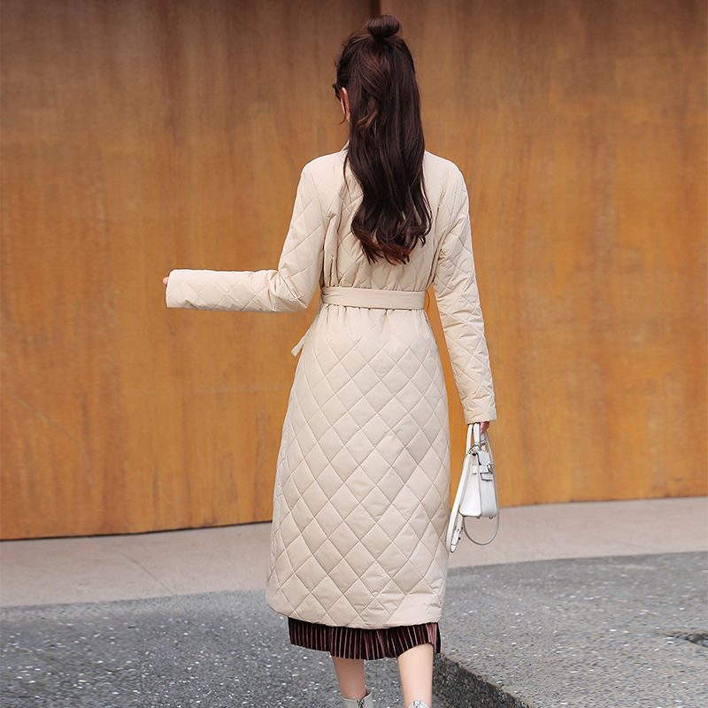 Women's Down Parkas Woman Jacket Belted space cotton diamond plaid Coat down over the Knee Winter Clothing 220905