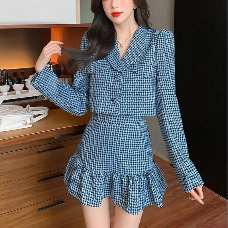 Two Piece Dress Vintage Houndstooth Womens Suit Blazer Crop Tops Mermaid High Waist Mini Skirt Set Women Short Jacket Coat Outfit 220906