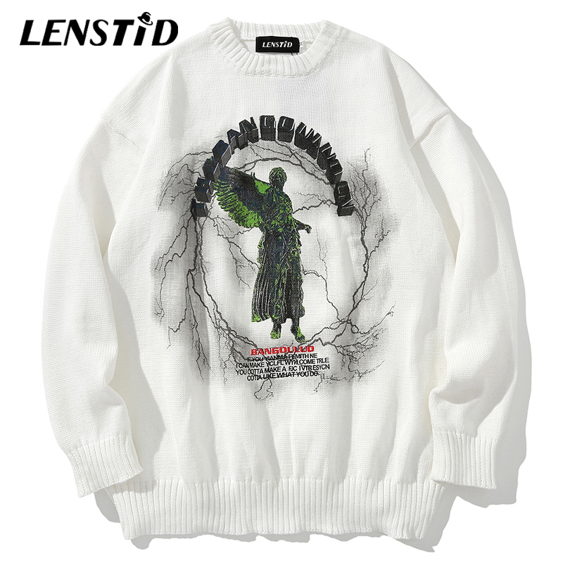 Men's Sweaters LENSTID Men Hip Hop Knitted Jumper Sweaters Angel Lightning Printed Streetwear Harajuku Autumn Oversize Hipster Casual Pullovers 2