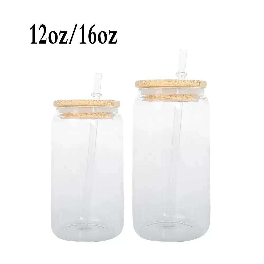 US stock 16oz Sublimation Glass Beer Mugs with Bamboo Lid Straw DIY Blanks Frosted Clear Can Shaped Tumblers Cups Heat Transfer Cocktail Iced Coffee S