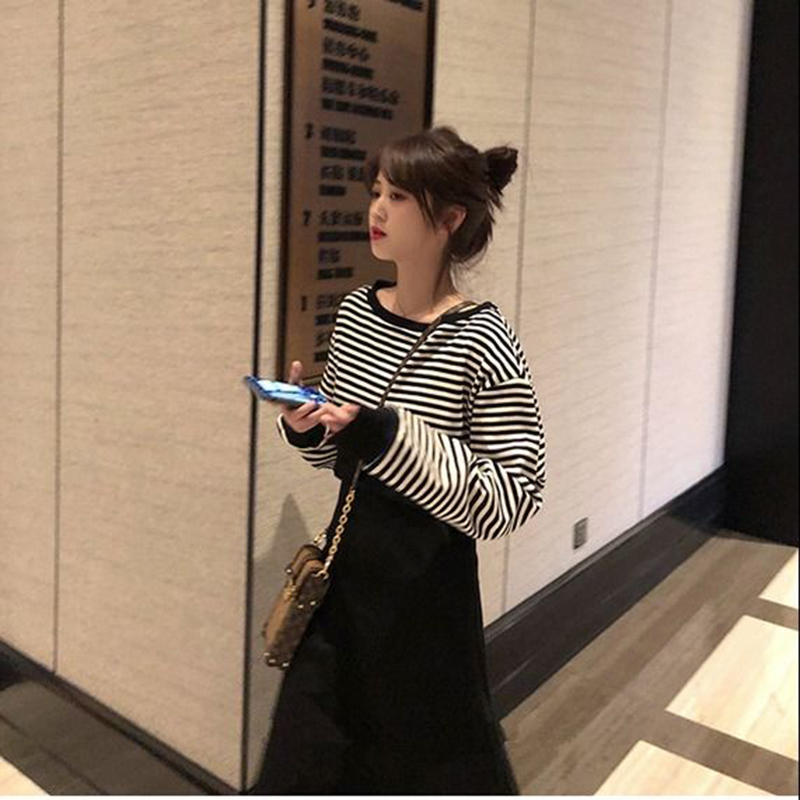 Two Piece Dress Women Sets Oneck Sweatshirt Pullover Striped Tank Dress Korean Style Trendy Casual Simple Street Wear High Quality Soft 220906