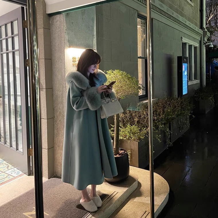 Women's Wool Blends Women Winter Coat Wool Long Cashmere Coat Elegant Fall Korean Real Fur Collar Hooded Women's Double-sided Woolen Coat 22