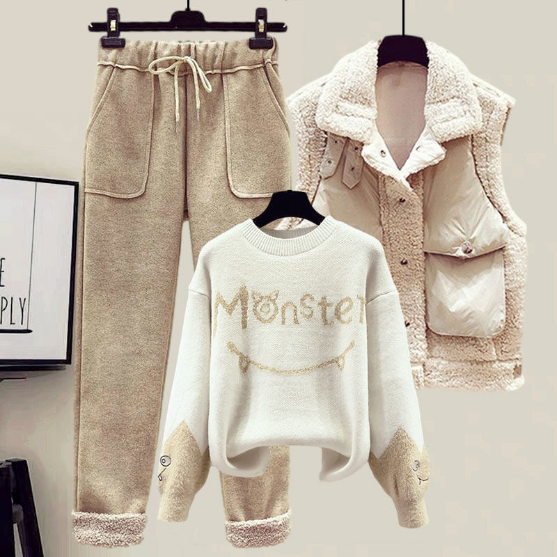 Womens Two Piece Pants Winter Womens Tracksuit Monster Letter Printed Knitted Pullover Sweater Lamb Wool Vest Casual Pants Suit 3 Piece Set 220906
