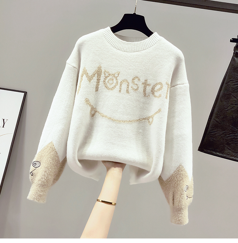 Womens Sweaters Cute Embroidery Sweater Women Fashion Monster Letter Printed OneckMink Patchwork Long Sleeve Pullovers Sweaters Tops Female 220906