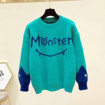 Womens Sweaters Cute Embroidery Sweater Women Fashion Monster Letter Printed OneckMink Patchwork Long Sleeve Pullovers Sweaters Tops Female 220906