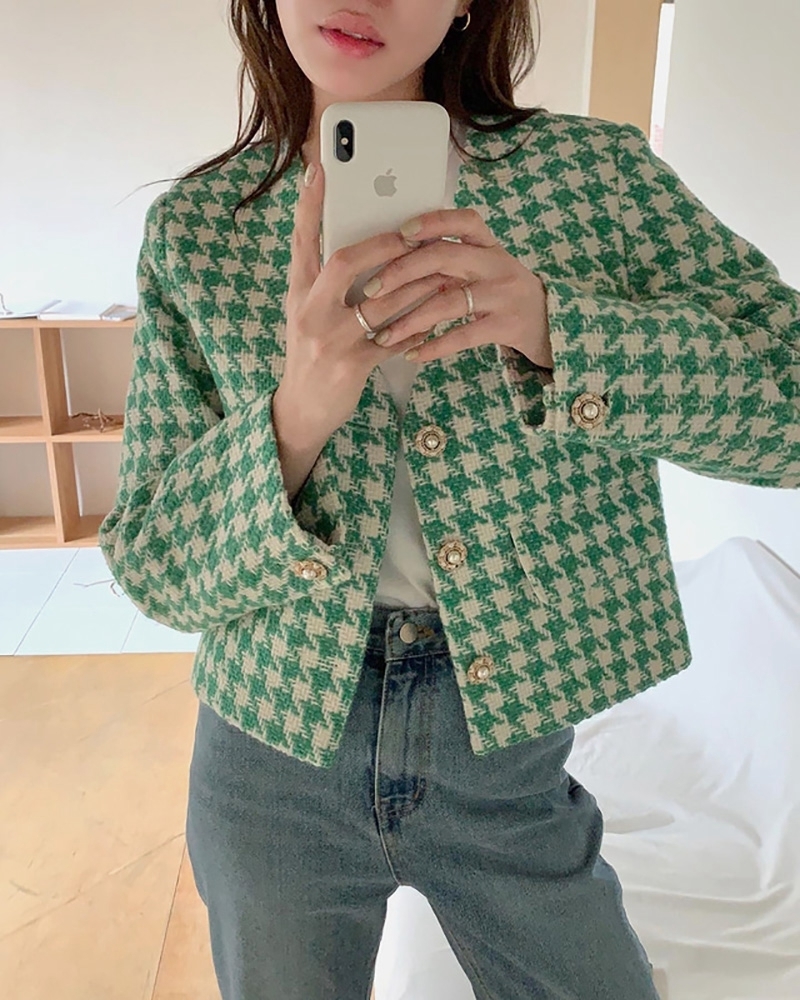 Womens Jackets Korean Casual Plaid Women Jackets Loose Vneck Single Breasted Fashion Houndstooth Fall Jackets Fashion Ladies Coats 220906