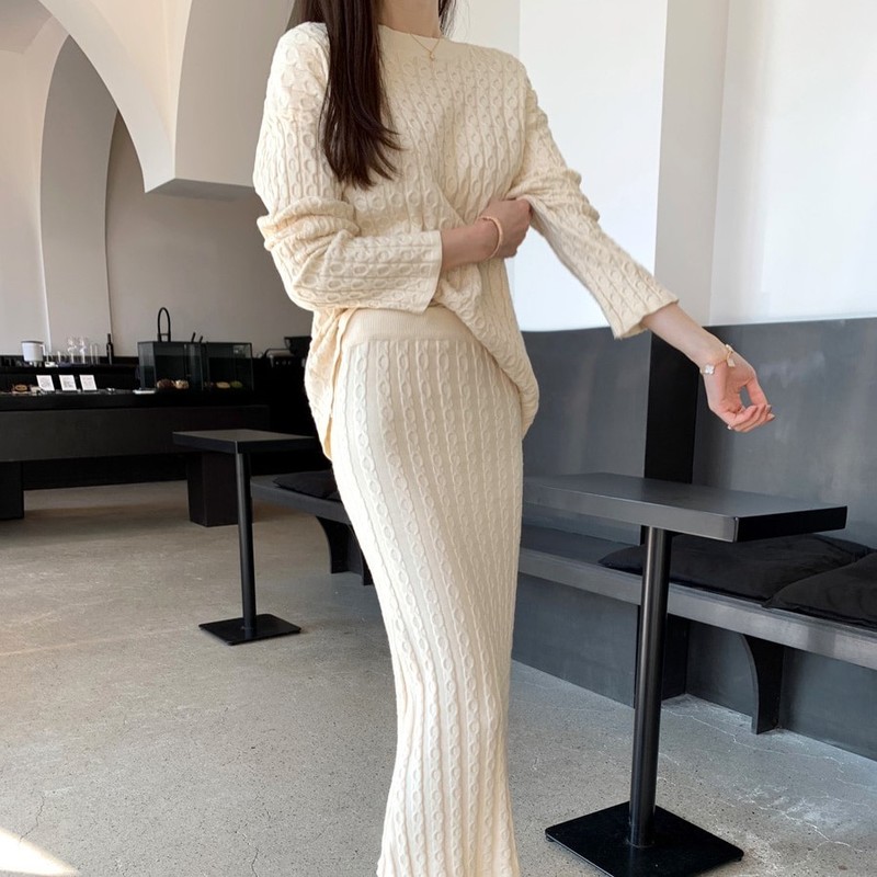 Two Piece Dress Korean Knitted Suit Women Long Sleeve Casual Loose Pullover Sweater High Waist Bodycon Skirt Sets Quality 220906