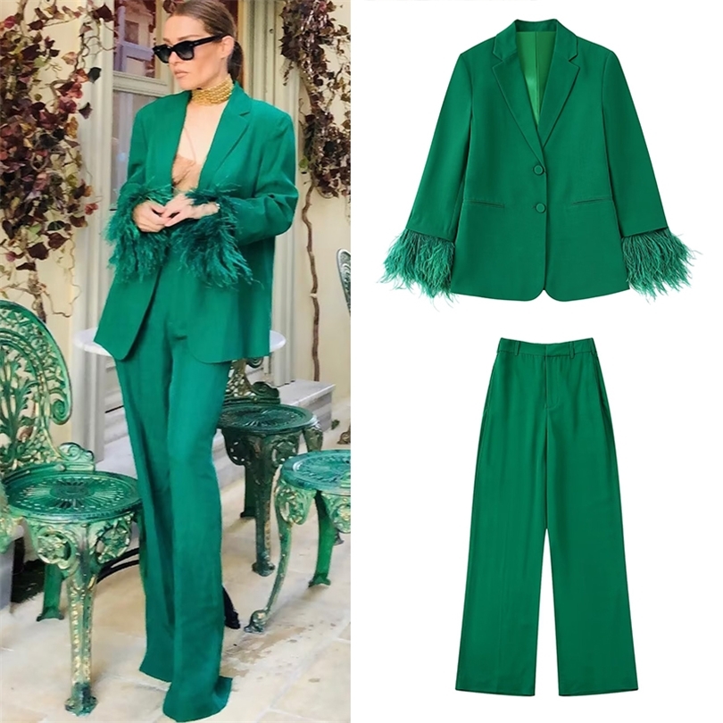 Womens Two Piece Pants WXWT Green Womens Sets Fashion Feathers Long Sleeve Straight Blazer And High Waist Wide Leg Long Pants Autumn BB22949 220906