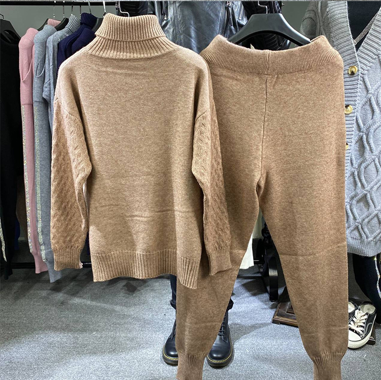 Womens Two Piece Pants Winter Thicken Warm Two Piece Set Turtleneck Sweater Knitting Elastic Waist Pants Tracksuit Women Outfits Bling Beading Suits 2