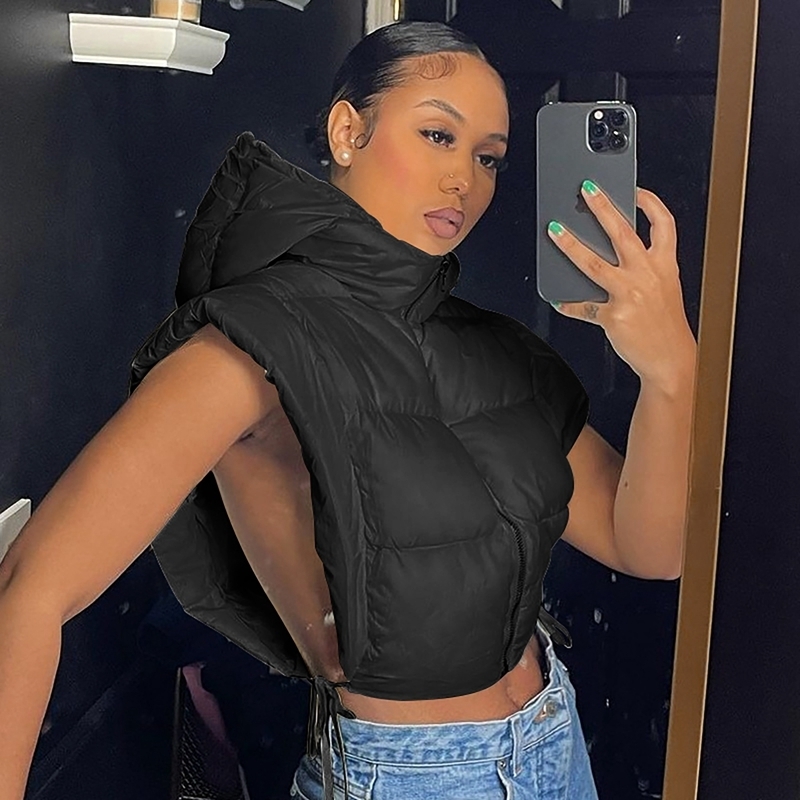 Women's Down Parkas HAOYUAN Sexy Cropped Puffer Jacket Sleeveless Zip Up Vest Hoodies Y2k Clothes for Women Side Bandage Night Clubwear Bubble Co