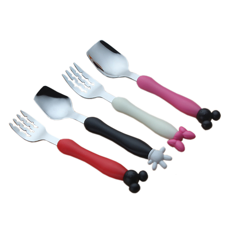 Cups Dishes Utensils 2Pcs Baby Spoon Fork Set Safety Stainless Steel Children Feeding Cutlery Utensil Cartoon Mouse Toddler Infant Dinnerware MBG0359 