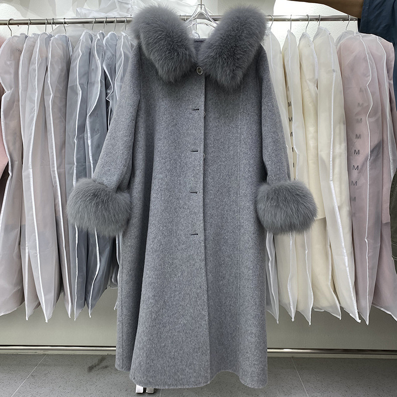 Women's Wool Blends Women Winter Coat Wool Long Cashmere Coat Elegant Fall Korean Real Fur Collar Hooded Women's Double-sided Woolen Coat 22