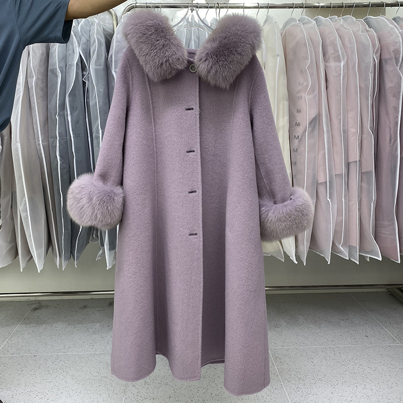 Women's Wool Blends Women Winter Coat Wool Long Cashmere Coat Elegant Fall Korean Real Fur Collar Hooded Women's Double-sided Woolen Coat 22