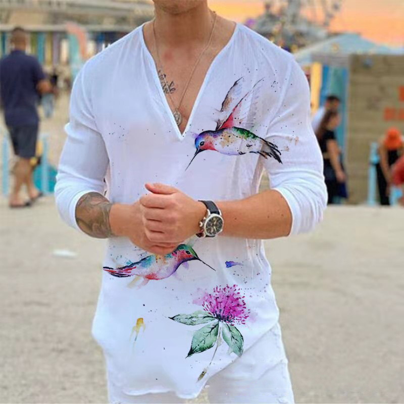 Men's T-Shirts Men T-shirt Long Sleeves Harajuku Tees Animal Printed Sexy V-neck Loose Tshirts Spring Autumn Streetwear Fashion Clothes Tops 2209