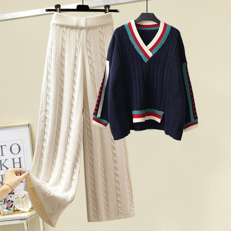 Womens Two Piece Pants Plus Size Tracksuit Women High Quality Winter Thickend Warm Vneck Pullover Sweater Wide Leg Knitted Suit 2 Set 220906