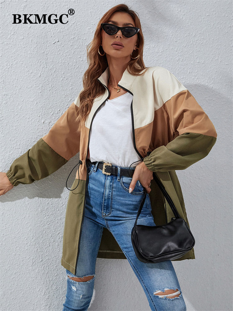 Women's Trench Coats BKMGC Spring Autumn Streetwear Green Brown Beige Wide Strips Zipper Hight Waist Long Coat Windbreaker Jacket for Women 2238 