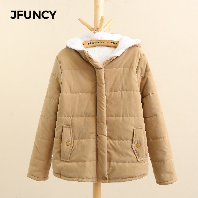 Women's Down Parkas JFUNCY Women Winter Fleece Parkas Coat Korean Casual Jackets Cotton Hooded Windproof Warm Pink Khaki Velvet Coat for Women 22