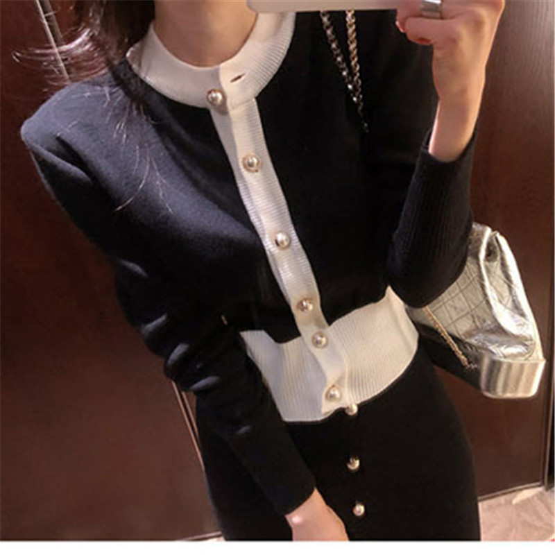 Two Piece Dress Knitted 2 Piece Set Women Oneck Patchwork Single Breasted Cardigan Slim Elastic Skirt Korean Chic Suit Female Crop Top 220906