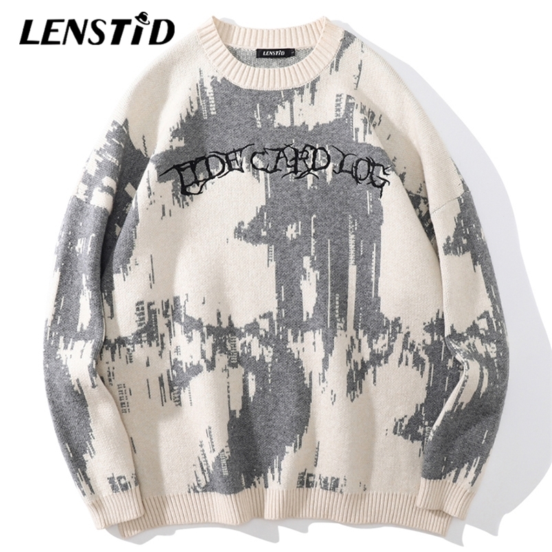 Men's Sweaters LENSTID Men Hip Hop Knitted Jumper Sweaters Letter Embroidery Print Streetwear Harajuku Autumn Hipster Casual Loose Pullovers 2209